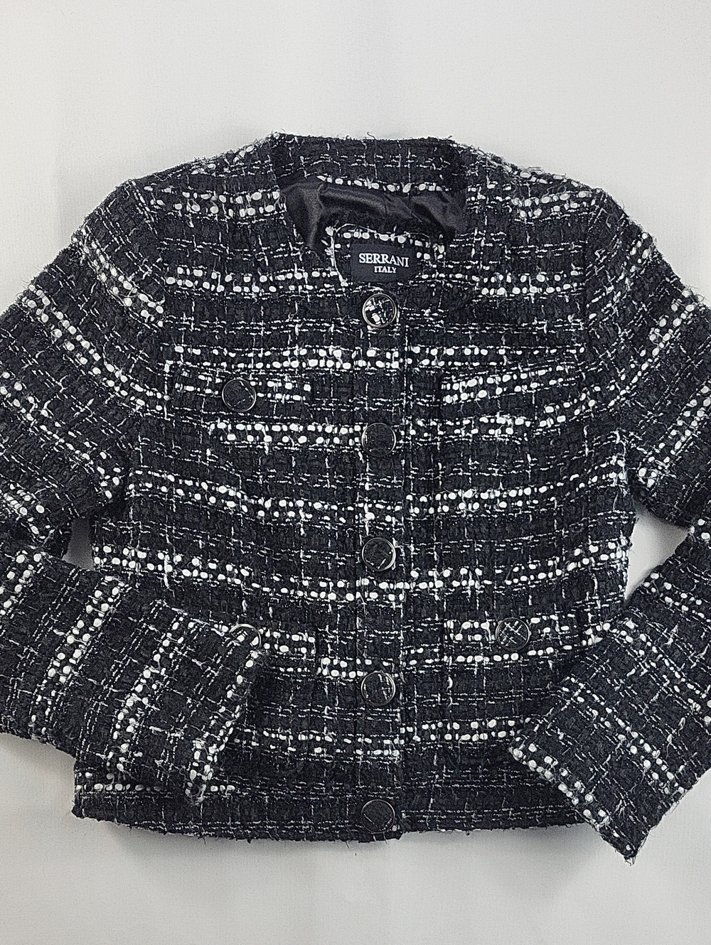 Serrani Italy Black White Tweed Bouclé Crop Jacket Button Front Size Small